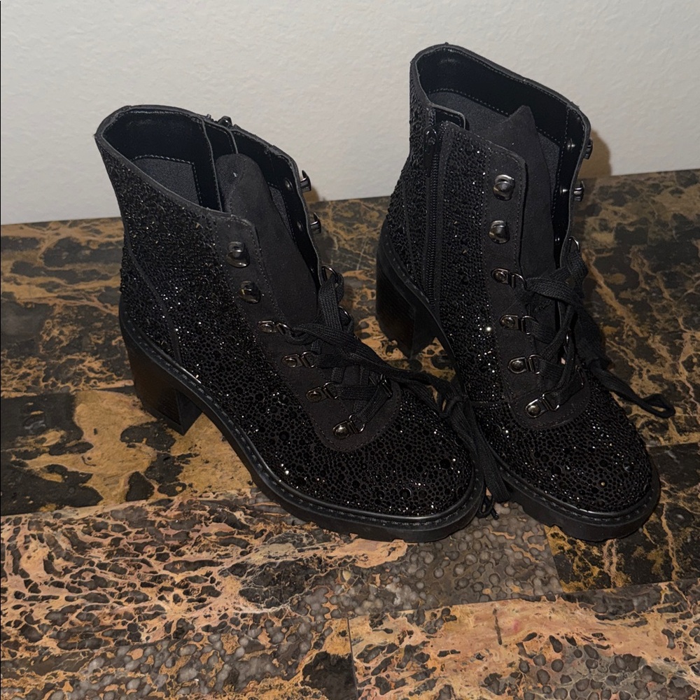 INC Womens Black Lace Up Treaded Rhinestone Shada Round Toe Zip-Up Booties 5M